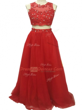 Stunning Red Homecoming Dress Tulle Sweep Train Sleeveless Beading and Appliques