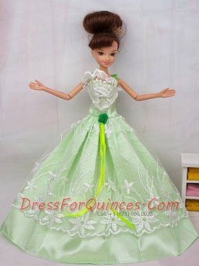 Popular Princess Apple Green Lace and hand Made Flower Party Dress For Barbie Doll