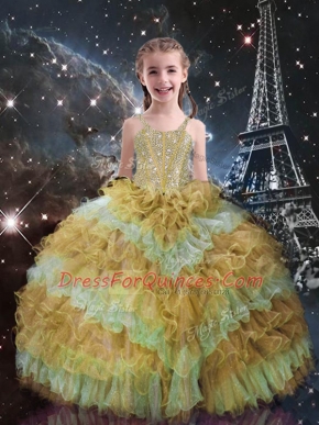 Discount Champagne Ball Gowns Beading and Ruffled Layers Child Pageant Dress Lace Up Organza Sleeveless Floor Length