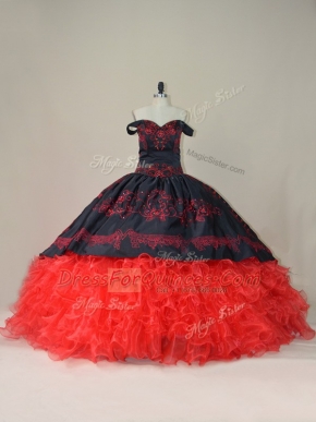 Off The Shoulder Sleeveless Brush Train Lace Up Sweet 16 Dresses Red And Black Satin and Organza