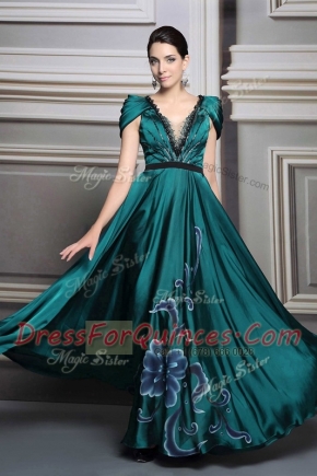 Floor Length Dark Green Prom Gown Satin Short Sleeves Beading and Embroidery and Belt