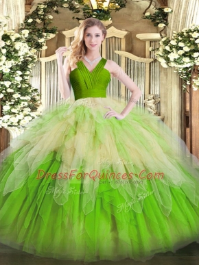 Unique Sleeveless Organza Floor Length Zipper Sweet 16 Dresses in Multi-color with Ruffles