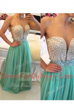 Traditional Turquoise Column/Sheath Sweetheart Sleeveless Chiffon Floor Length Zipper Beading Prom Party Dress
