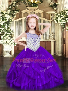 Ball Gowns Pageant Dress for Teens Purple Scoop Tulle Sleeveless Floor Length Zipper