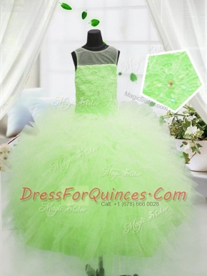 High Class Yellow Green Tulle Zipper Scoop Sleeveless Floor Length Little Girls Pageant Gowns Beading and Appliques