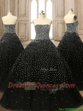 Latest Strapless Beading Black Quinceanera Dress with Brush Train