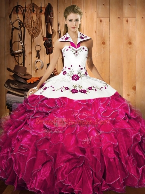 Flare Fuchsia Lace Up Halter Top Embroidery and Ruffles Sweet 16 Quinceanera Dress Satin and Organza Sleeveless