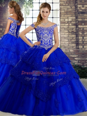 Cheap Off The Shoulder Sleeveless Brush Train Lace Up Quinceanera Gown Royal Blue Tulle