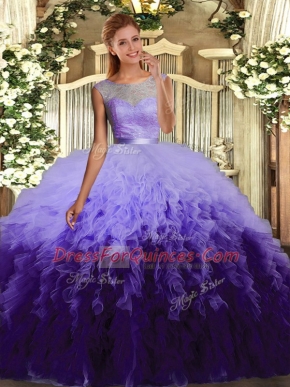 Multi-color Organza Backless Scoop Sleeveless Floor Length Quince Ball Gowns Ruffles