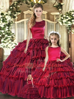 Wine Red Ball Gowns Organza Scoop Sleeveless Ruffled Layers Floor Length Lace Up 15th Birthday Dress