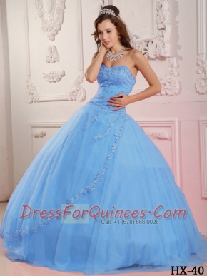 Classical Discount Quinceanera Dress Ball Gown Sweetheart With Tulle Appliques In Baby Blue