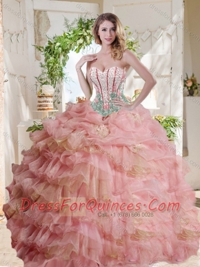 Fashionable Visible Boning Beaded Pink Sweet 16 Dress in Organza