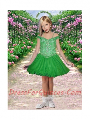 2014 Elegant Off the Shoulder Appliques Little Girl Dress with Beading