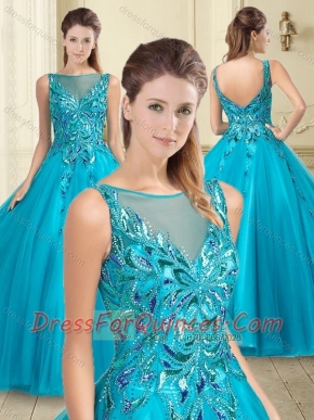 Popular See Through Tulle Bateau Sweet 16 Dress with Sequins