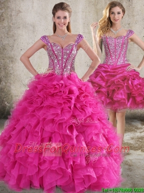 Classical Ruffled and Beaded Bodice Detachable Quinceanera Dresses in Hot Pink