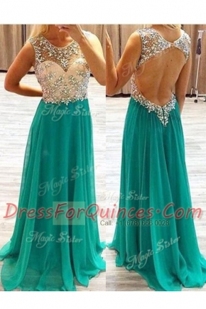 Scoop Green Backless Prom Gown Beading Sleeveless Floor Length