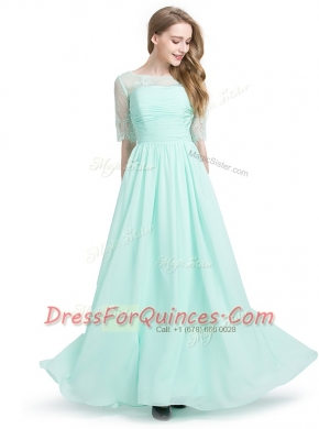 Scoop Floor Length Turquoise Prom Party Dress Chiffon Half Sleeves Lace