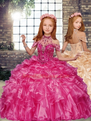 Luxurious Hot Pink Sleeveless Floor Length Beading and Ruffles Lace Up Pageant Gowns For Girls