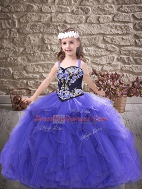 Customized Purple Sleeveless Embroidery and Ruffles Floor Length Pageant Gowns For Girls
