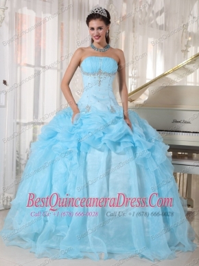 Baby Blue Ball Gown Strapless Floor-length Organza Beading Quinceanera Dress