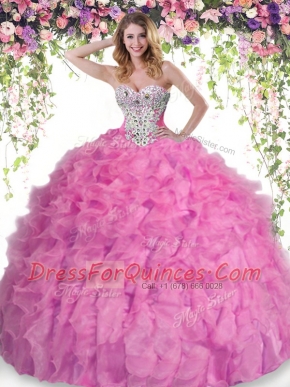 Rose Pink Ball Gowns Beading and Ruffles Sweet 16 Quinceanera Dress Lace Up Organza Sleeveless Floor Length