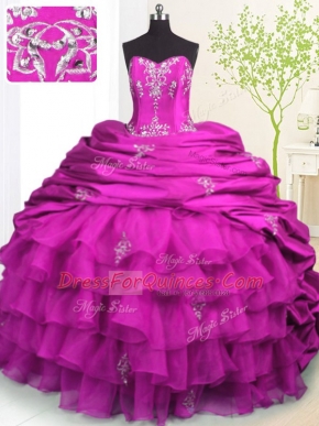 Exquisite Pick Ups Ruffled With Train Ball Gowns Sleeveless Fuchsia Vestidos de Quinceanera Brush Train Lace Up