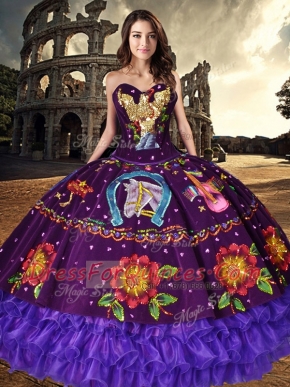 Ruffled Sweetheart Sleeveless Lace Up Sweet 16 Dresses Purple Organza and Taffeta