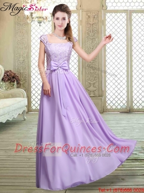 Cheap Square Cap Sleeves Lavender Prom Dresses with Belt
