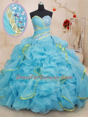 Comfortable Organza Sweetheart Sleeveless Brush Train Lace Up Beading and Ruffles Quince Ball Gowns in Baby Blue