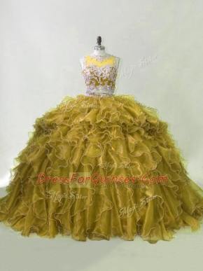 Superior Olive Green Zipper Scoop Beading and Ruffles Sweet 16 Quinceanera Dress Organza Sleeveless Brush Train