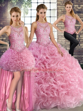 Super Scoop Sleeveless Sweet 16 Dresses Floor Length Beading Rose Pink Fabric With Rolling Flowers