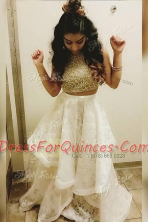 Scoop Lace Sleeveless Sweep Train Zipper With Train Beading and Ruffles Homecoming Dress