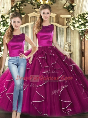 Floor Length Fuchsia 15th Birthday Dress Scoop Sleeveless Lace Up