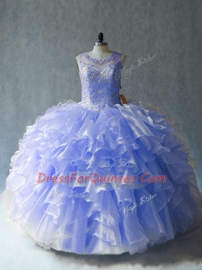 Lavender Lace Up Quinceanera Gowns Beading and Ruffles Sleeveless Floor Length