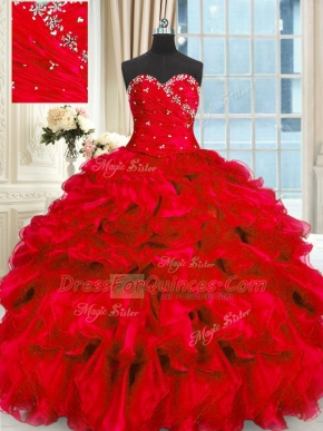 Wonderful Floor Length Ball Gowns Sleeveless Red 15th Birthday Dress Lace Up