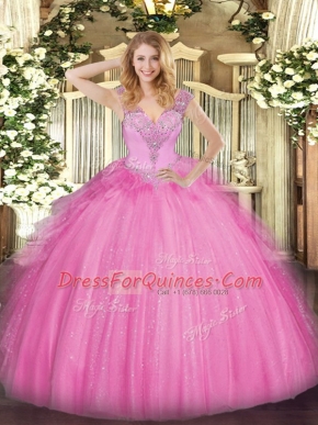 Vintage Rose Pink Tulle Lace Up Quinceanera Dresses Sleeveless Floor Length Beading