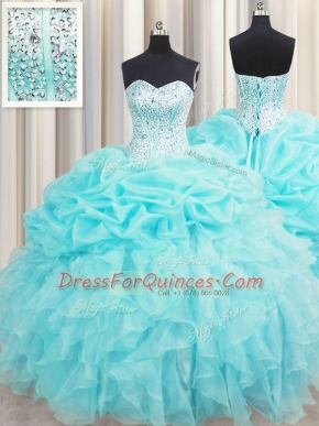 Visible Boning Sleeveless Floor Length Beading and Ruffles and Pick Ups Lace Up Quinceanera Dress with Aqua Blue