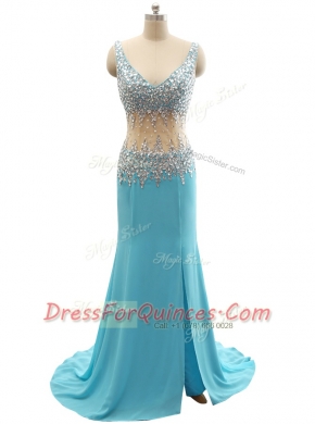 Luxurious Mermaid Aqua Blue Zipper Prom Dress Beading Sleeveless Brush Train