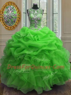 Romantic Scoop Green Sleeveless Beading and Ruffles and Pick Ups Floor Length Quinceanera Gowns