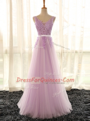 Extravagant Lilac Lace Up Quinceanera Court Dresses Appliques Sleeveless Floor Length