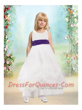 A-Line Scoop Appliques Ruffles 2014 Flower Girl Dress in White