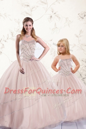Modern Floor Length Baby Pink Quinceanera Gowns Tulle Sleeveless Beading