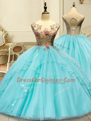 Floor Length Ball Gowns Sleeveless Aqua Blue Quinceanera Gowns Lace Up