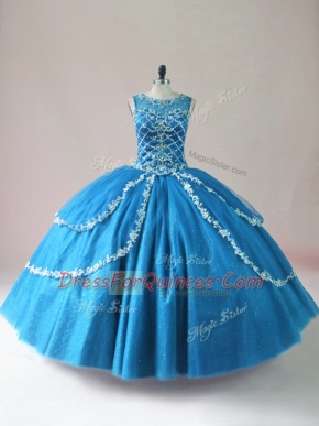 Luxury Baby Blue Scoop Lace Up Beading and Appliques Quince Ball Gowns Sleeveless