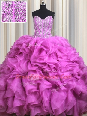 Noble Visible Boning Organza Sleeveless With Train Sweet 16 Dress Brush Train and Beading and Ruffles