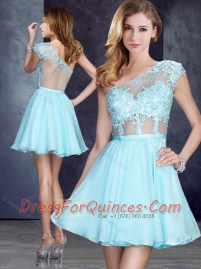 Cheap See Through One Shoulder Applique Prom Dress in Aqua Blue