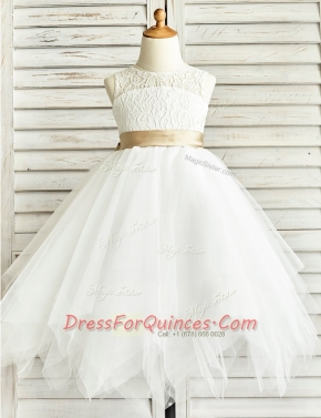 Scoop Ruffled White Sleeveless Tulle Zipper Flower Girl Dresses for Party and Wedding Party