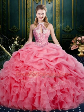 Inexpensive Watermelon Red Sleeveless Beading and Ruffles and Pick Ups Floor Length Sweet 16 Dresses