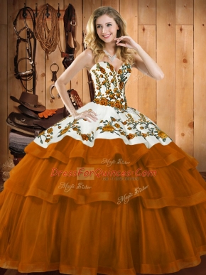 Flare Sweetheart Sleeveless Quince Ball Gowns Sweep Train Embroidery Rust Red Organza