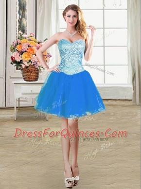 Glamorous Blue Lace Up Sweetheart Beading Prom Dresses Organza Sleeveless